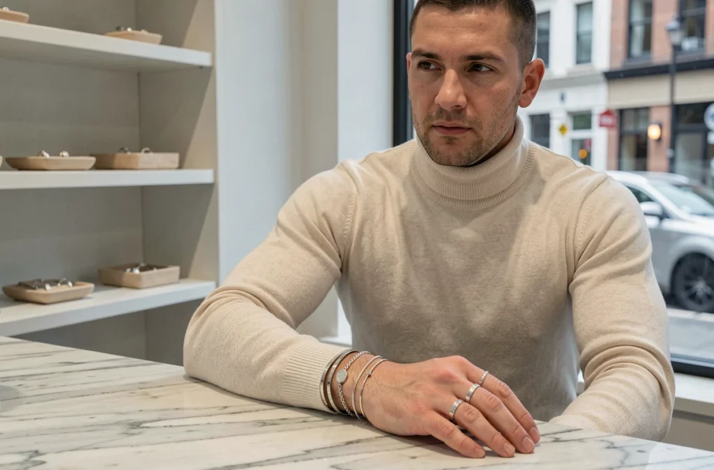 Homme portant des bracelets et bagues minimalistes en argent exposés sur une surface en marbre dans une boutique moderne