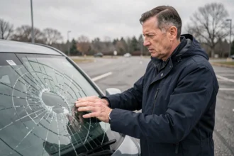 Homme examinant un bris de glace sur le pare-brise de sa voiture dans un parking