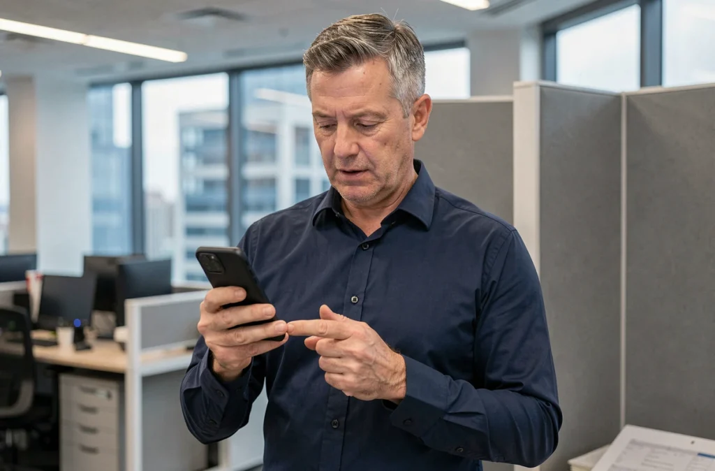 Homme en bureau moderne analysant un numéro de téléphone mobile avec préfixe 06 ou 07 sur son smartphone