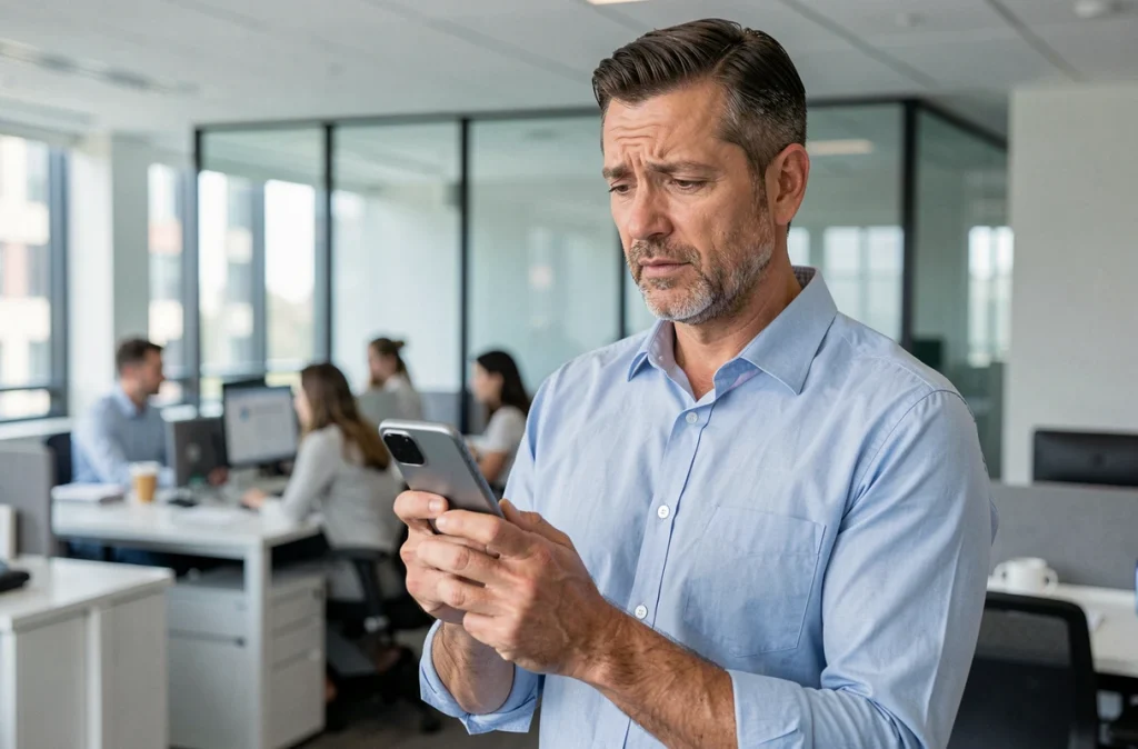 Homme en bureau relisant un message sur son téléphone avec une expression dubitative face à une faute d'orthographe