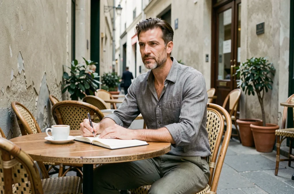 Homme en chemise lin grise assis en terrasse de café, look casual chic et éco-responsable