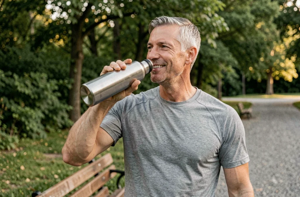 Homme sportif s'hydratant avec une gourde réutilisable après un jogging en plein air dans un parc