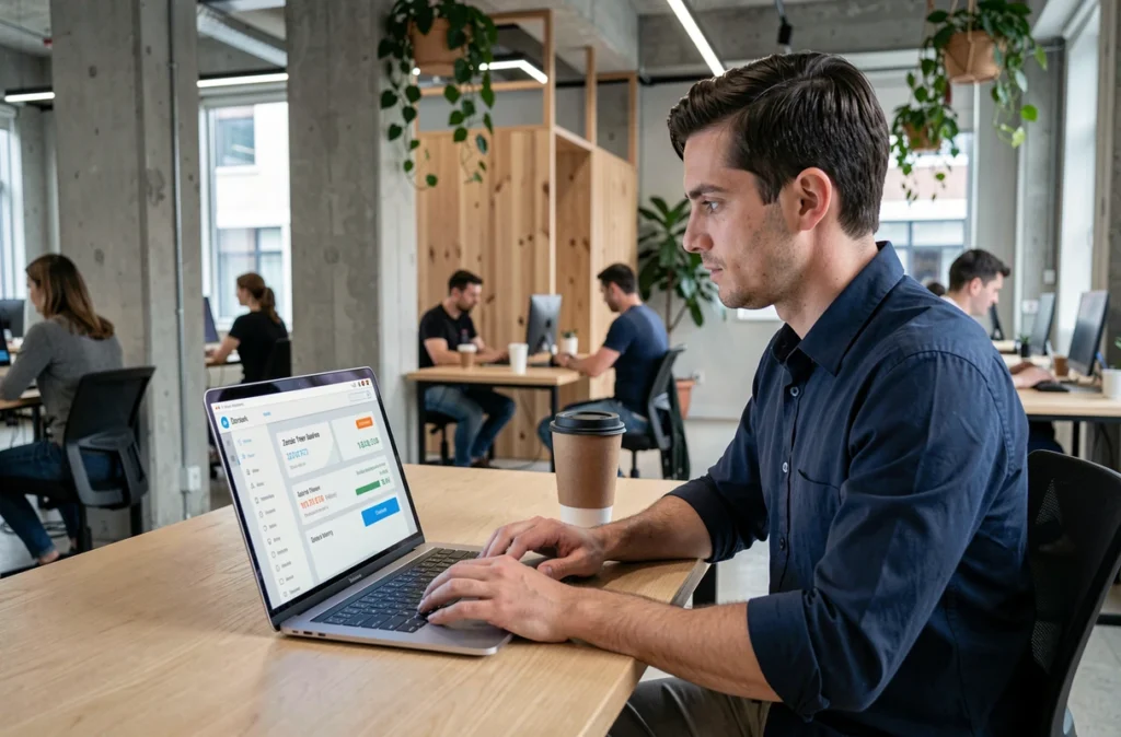 Jeune professionnel comparant les frais bancaires sur un tableau de bord de néobanque dans un espace de coworking