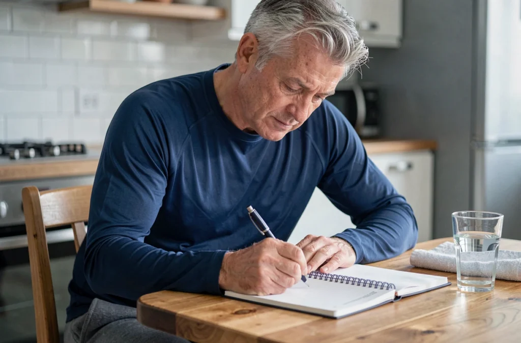 Homme adulte prenant des notes après l'exercice, symbolisant l'amélioration de la mémoire par l'activité physique