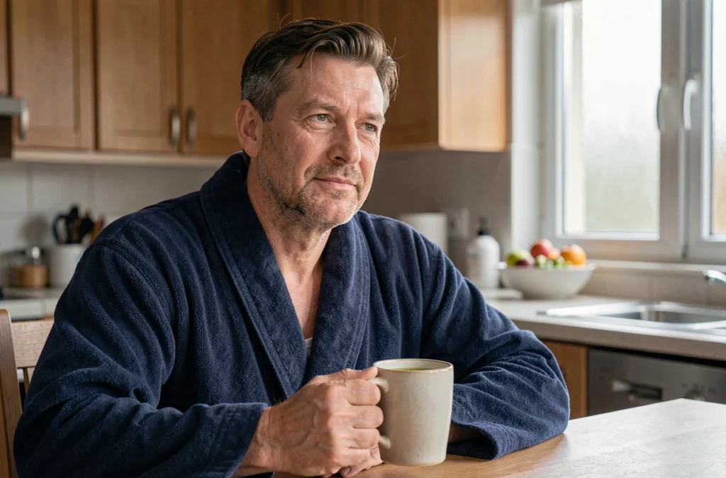 Homme reposé le matin tenant une tasse de tisane, symbolisant les bénéfices d'un bon sommeil sur le système immunitaire