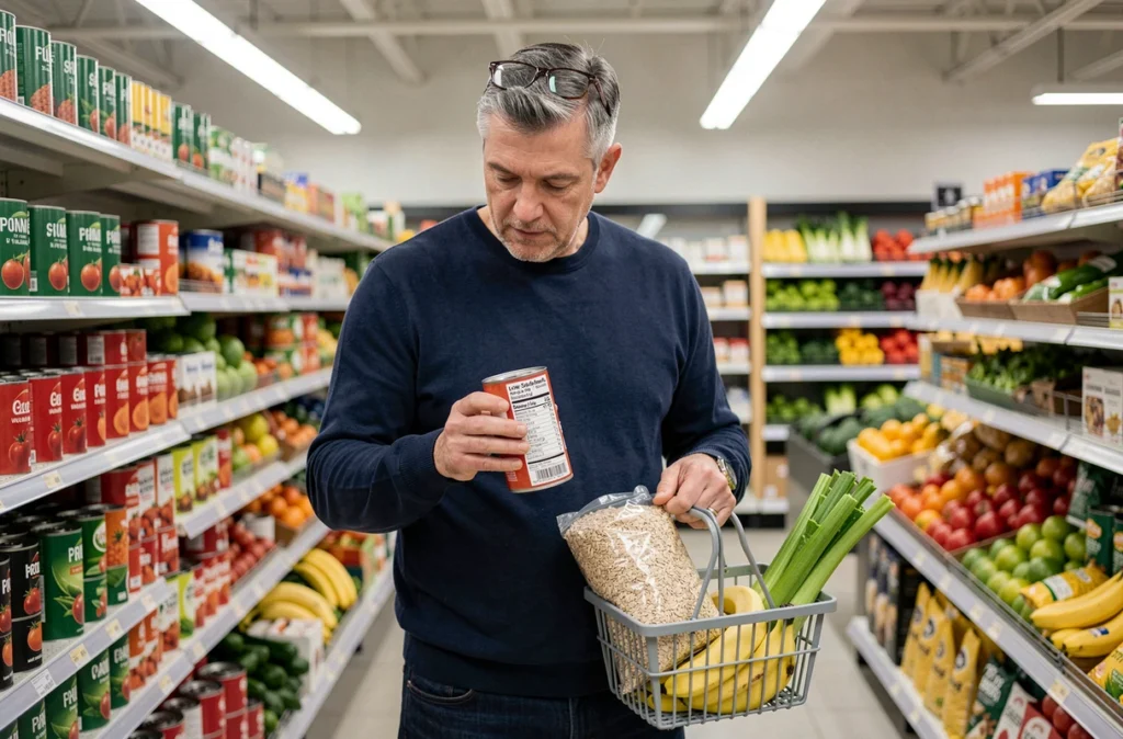 Homme lisant l'étiquette nutritionnelle d'un produit en supermarché pour contrôler son apport en sel et prévenir l'hypertension