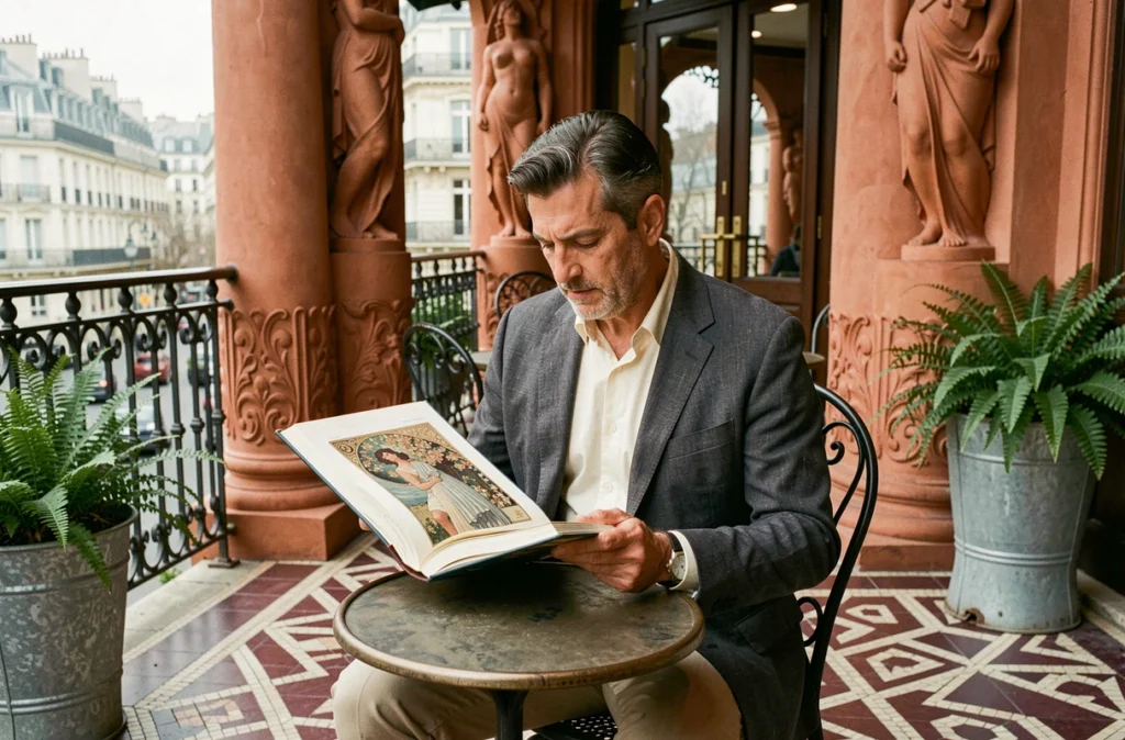 Homme consultant un livre d'art sur Mucha en terrasse d'une brasserie Art Nouveau parisienne aux colonnes ornées