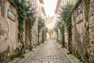 Impasse des Lilas dans une ville de province française avec un panneau de rue en fonte et des lilas en fleurs sur des murs en pierre