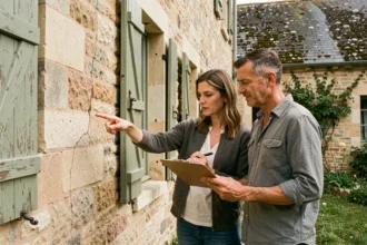 Couple inspectant la façade en pierre d'une ancienne maison de campagne avant achat, relevé de fissures et état général de la structure