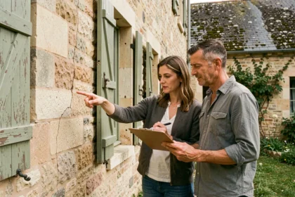 Couple inspectant la façade en pierre d'une ancienne maison de campagne avant achat, relevé de fissures et état général de la structure