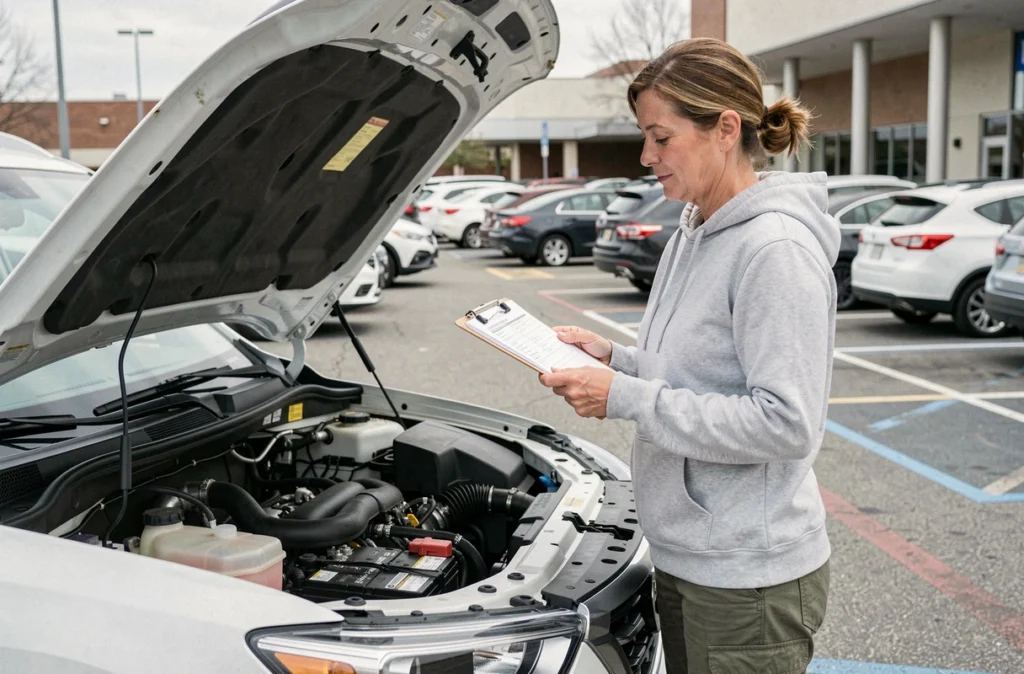 Femme inspectant le moteur de son SUV avant un long voyage en consultant une liste de vérification