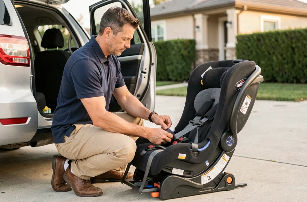 Père installant un siège auto enfant orienté vers l'avant dans un SUV dans une allée résidentielle