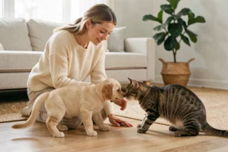 Jeune femme présentant un chiot golden retriever à un chat tigré dans un salon chaleureux, illustration de l'intégration d'un animal de compagnie en famille