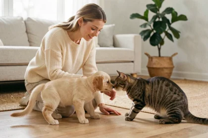 Jeune femme présentant un chiot golden retriever à un chat tigré dans un salon chaleureux, illustration de l'intégration d'un animal de compagnie en famille