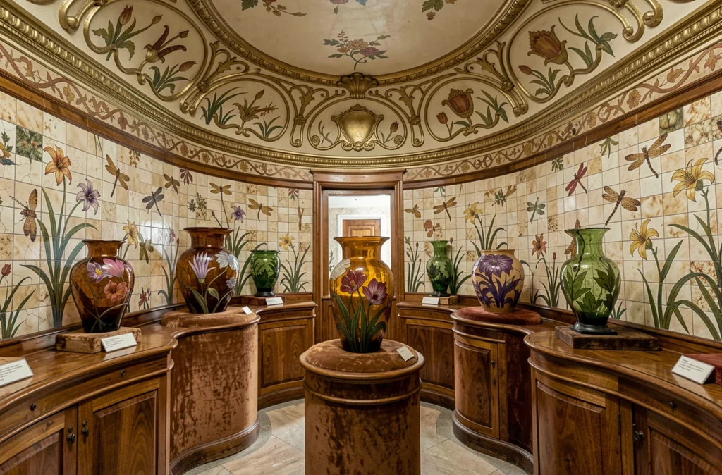 Intérieur d'un musée Art Nouveau avec vitrines en acajou, vases en verre de Gallé et fresques botaniques au plafond
