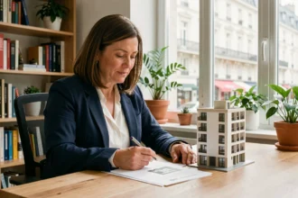 Investisseuse immobilière étudiant des documents de location dans un bureau moderne avec modèle d'immeuble