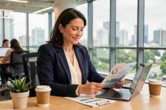 Investisseuse particulière analysant des placements responsables ESG sur un ordinateur portable dans un bureau moderne