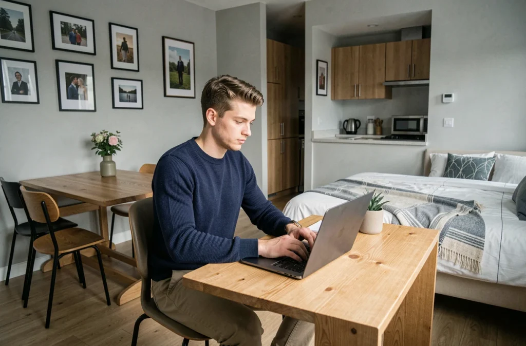 Jeune homme travaillant sur un ordinateur portable dans un studio meublé fonctionnel et bien agencé