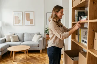 Jeune femme professionnelle emménageant dans un appartement meublé moderne avec canapé gris et parquet clair