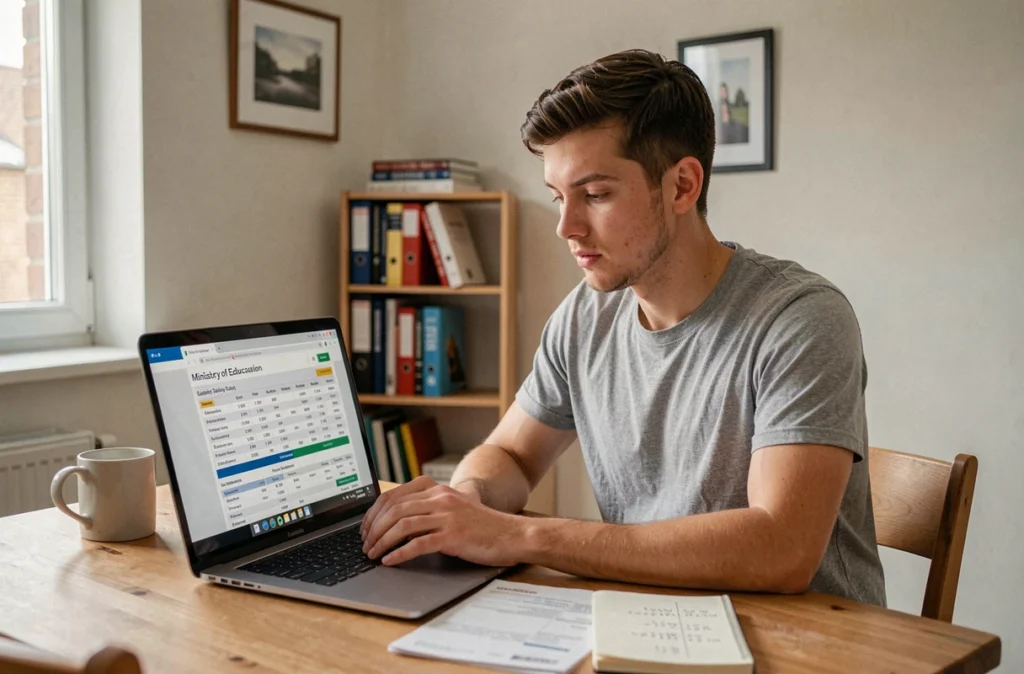 Jeune enseignant calculant son salaire net 2026 depuis la grille officielle sur son ordinateur