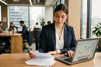 Jeune femme active consultant des documents d'épargne salariale dans un bureau moderne