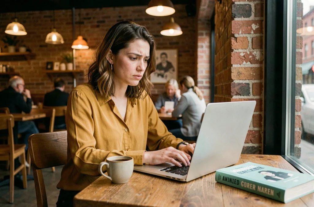 Jeune femme dans un café vérifiant l'orthographe d'un email professionnel avec un livre de grammaire française posé à côté