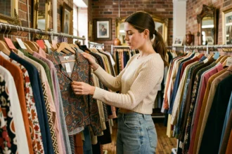 Jeune femme explorant des vêtements vintage dans une friperie tendance, illustration de la mode seconde main chez les jeunes