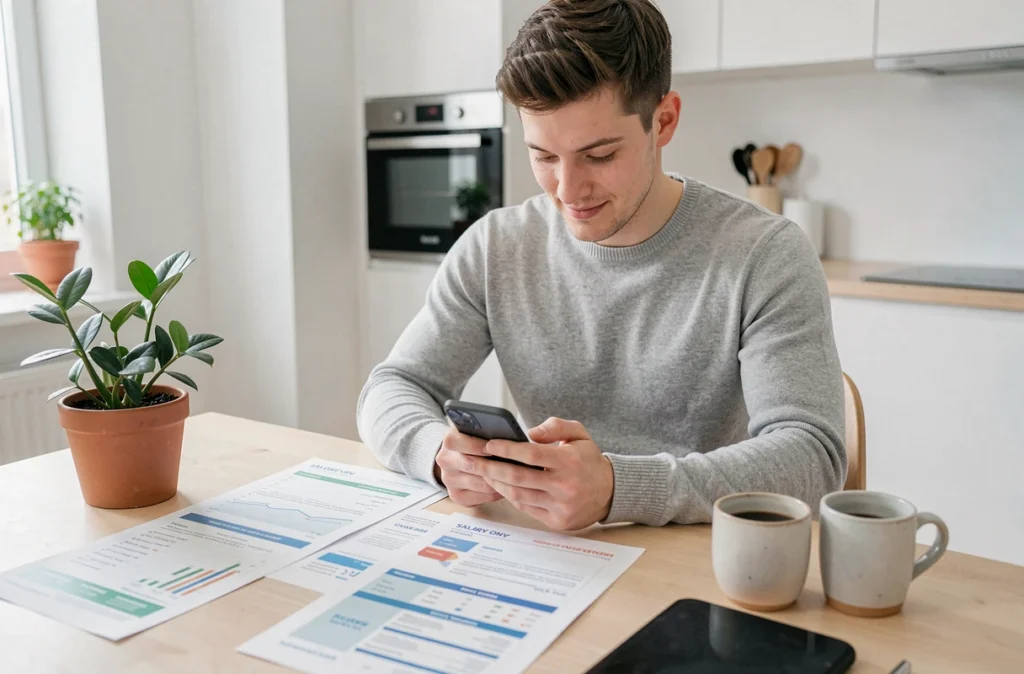 Jeune homme gérant son épargne salariale depuis son appartement avec smartphone et brochures