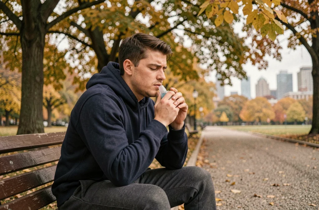 Jeune homme utilisant un inhalateur dans un parc urbain en raison d'allergies respiratoires liées à la pollution