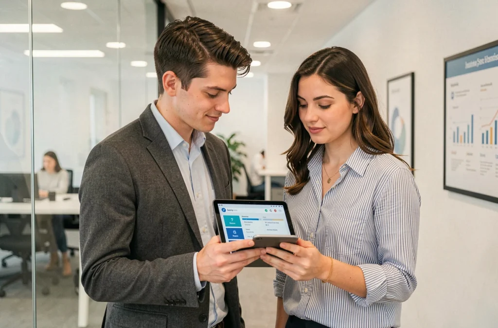 Deux jeunes collègues découvrant ensemble les options d'épargne salariale sur une tablette au bureau