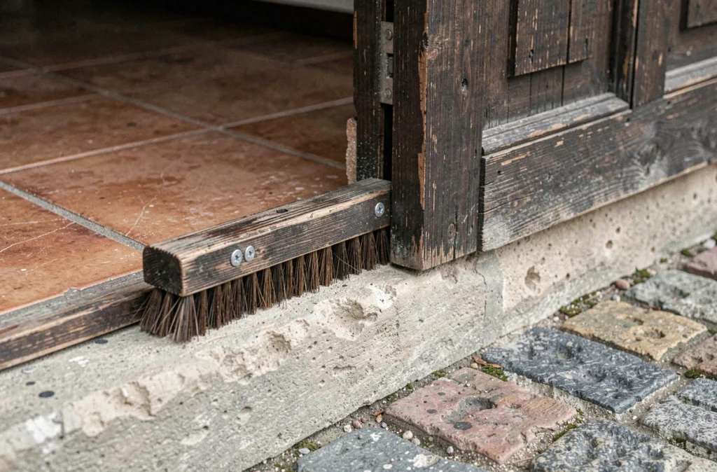 Détail d'un joint de bas de porte fraîchement installé sur une porte en bois ancienne posée sur un seuil en pierre calcaire