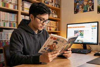 Jeune homme lisant un manga Solo Leveling assis à son bureau avec des étagères remplies de volumes en arrière-plan