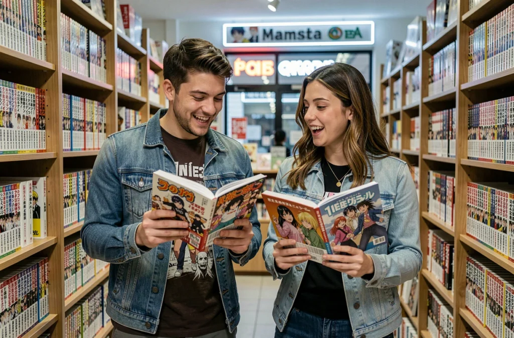 Deux jeunes adultes feuilletant des volumes de manga dont Solo Leveling dans une librairie spécialisée en bandes dessinées françaises