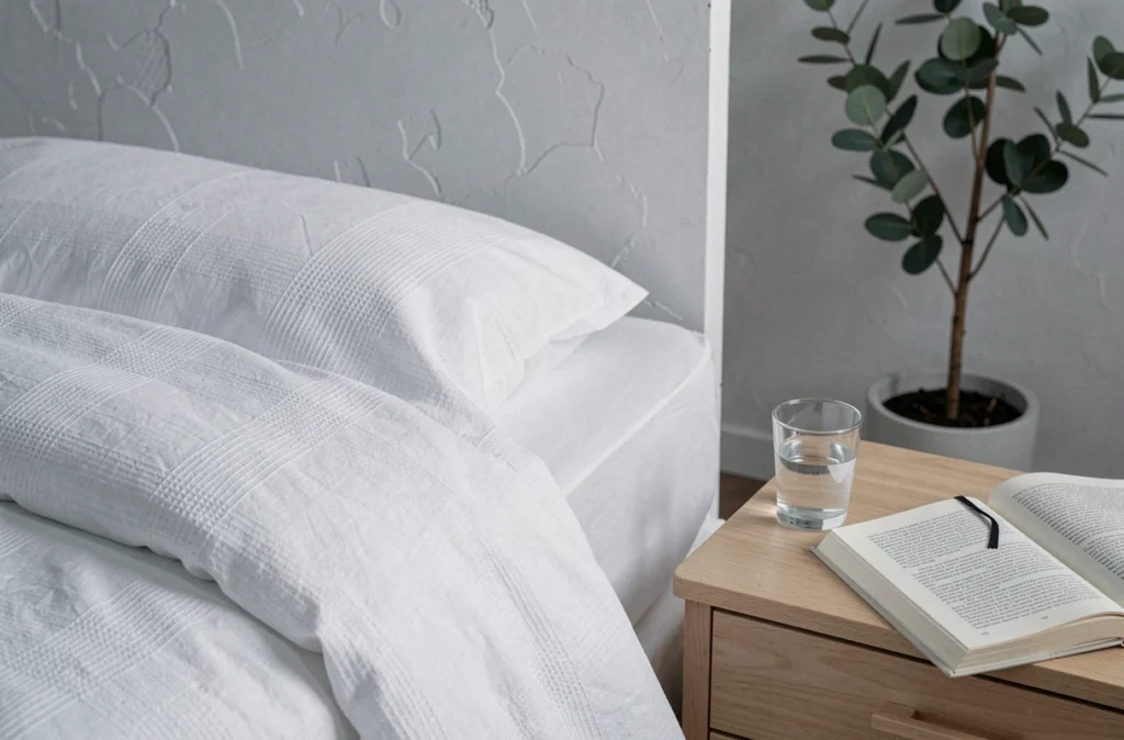 Lit bien fait avec table de chevet soignée dans une chambre minimaliste, représentant un environnement propice à un sommeil réparateur