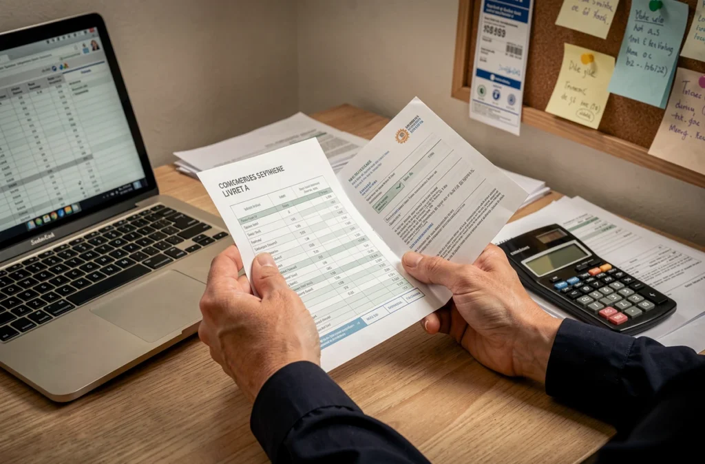 Mains d'une femme tenant un livret d'épargne ouvert sur un bureau avec calculatrice et documents fiscaux, symbolisant la gestion budgétaire des ménages modestes