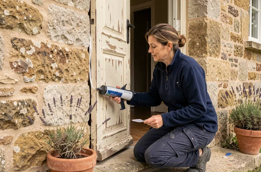 Femme appliquant du mastic silicone sur le pourtour d'une porte d'entrée ancienne en pierre pour réduire les infiltrations d'air
