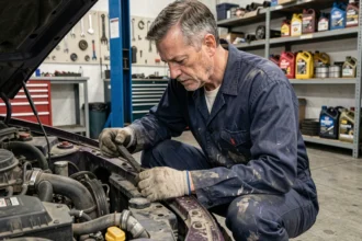 Mécanicien expérimenté inspectant une courroie de distribution usée et craquelée dans un garage automobile professionnel