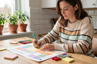 Mère de famille écrivant sur un planning mensuel imprimé posé sur une table en bois dans une cuisine moderne