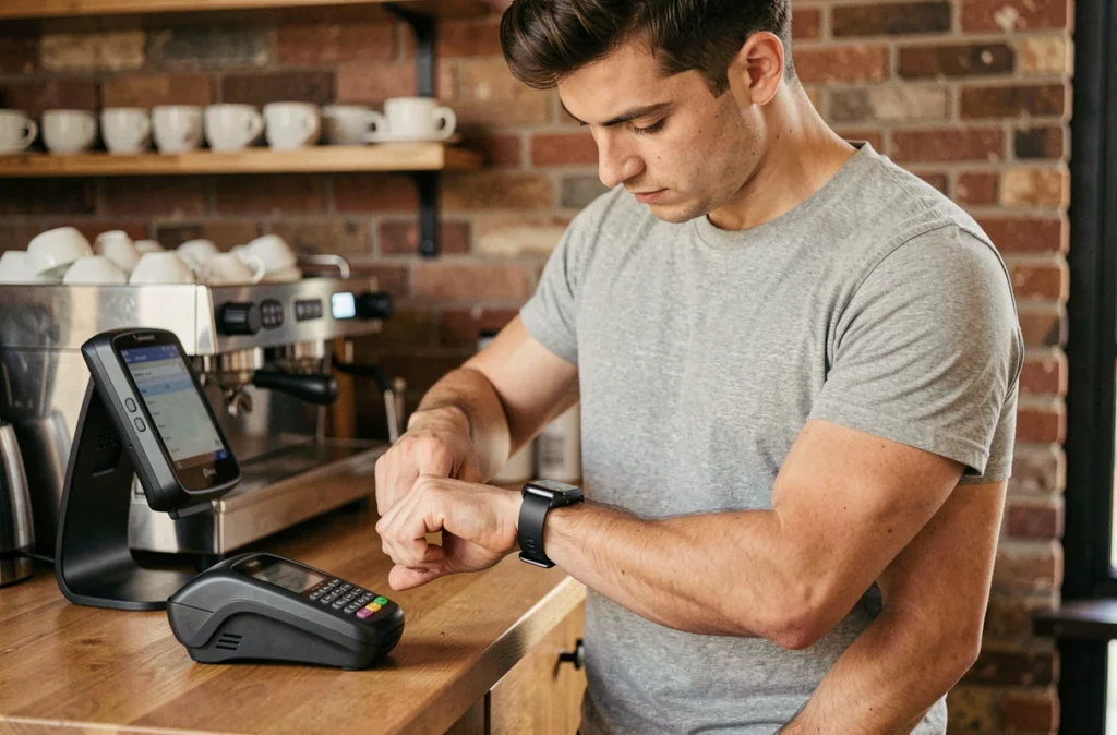 Un jeune homme paye avec sa montre connectée sans contact dans un café indépendant