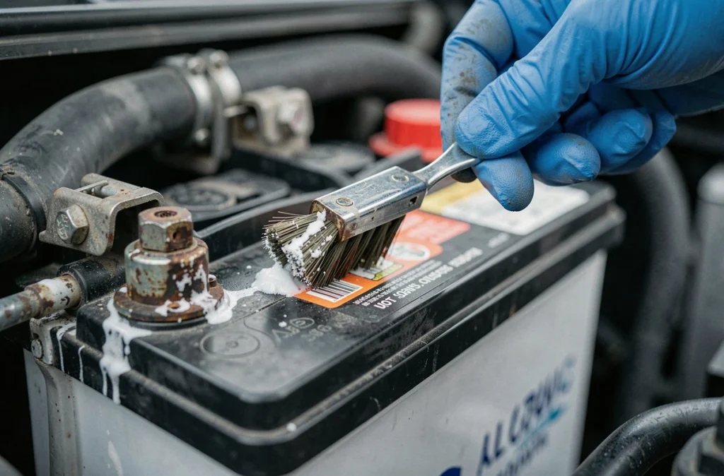 Nettoyage des bornes corrodées d'une batterie de voiture avec une brosse métallique et gant en nitrile bleu