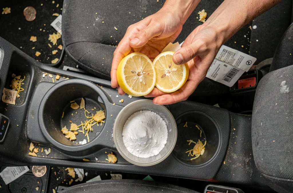Mains adultes utilisant du citron et du bicarbonate de soude pour nettoyer la console centrale d'une voiture