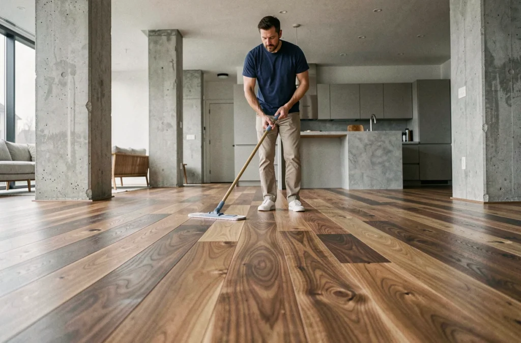 Homme nettoyant un parquet en noyer massif avec une serpillière microfibre dans un appartement moderne