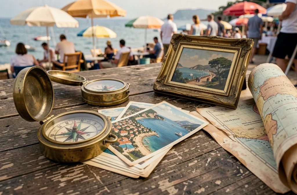 Gros plan d'objets vintage sur une table de brocante en bord de mer, boussole en laiton et cartes postales anciennes de la Côte d'Azur