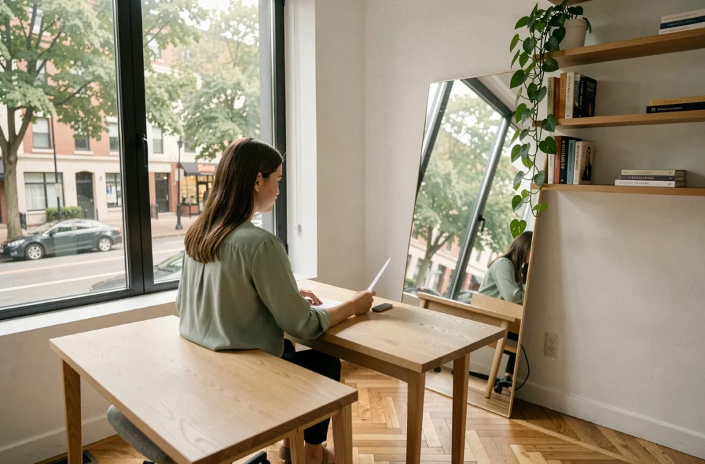 Femme dans un bureau à domicile repositionnant un grand miroir pour rediriger la lumière naturelle vers son espace de travail près d'une fenêtre sur rue
