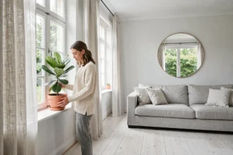 Femme aménageant une plante près d'une grande fenêtre dans un salon lumineux au style scandinave avec miroir réfléchissant la lumière naturelle