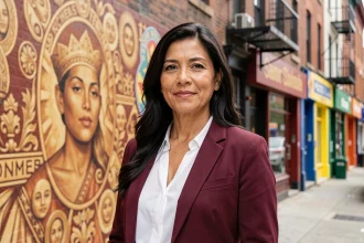 Femme latina confiante devant une fresque murale du Bronx illustrant les origines portoricaines de Jennifer Lopez