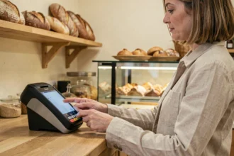 Une femme effectue un paiement sans contact avec son smartphone dans une boulangerie de quartier