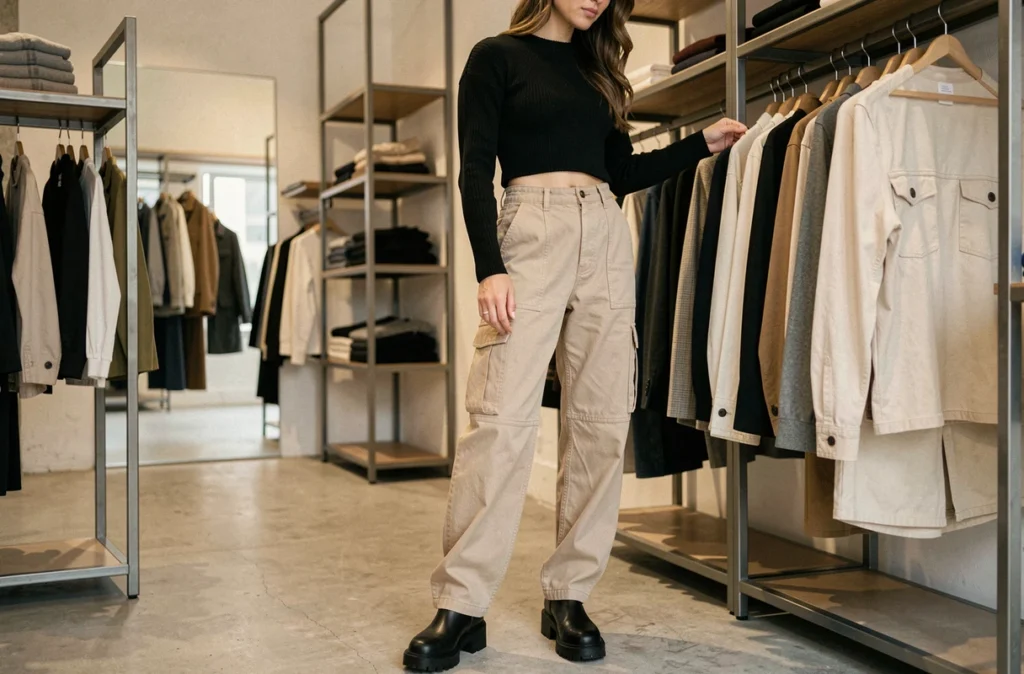 Femme en pantalon cargo beige large et bottines noires dans un concept store minimaliste, look urbain tendance