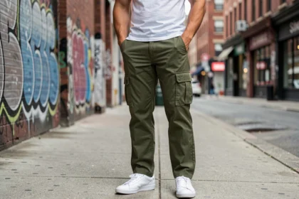 Homme portant un pantalon cargo vert olive avec sneakers blanches dans un quartier urbain, style casual et moderne