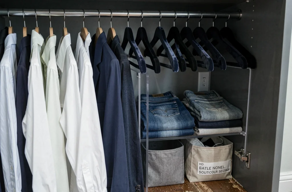 Gros plan sur une penderie intérieure avec cintres en velours fins et vêtements rangés par couleur du blanc au bleu marine